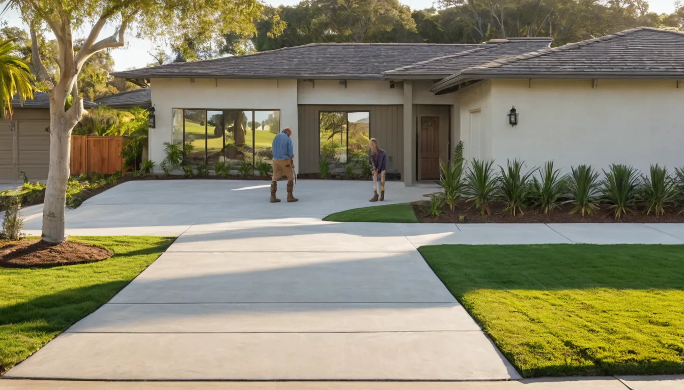 A freshly poured concrete driveway at a single-story brick home in the Mesquite area