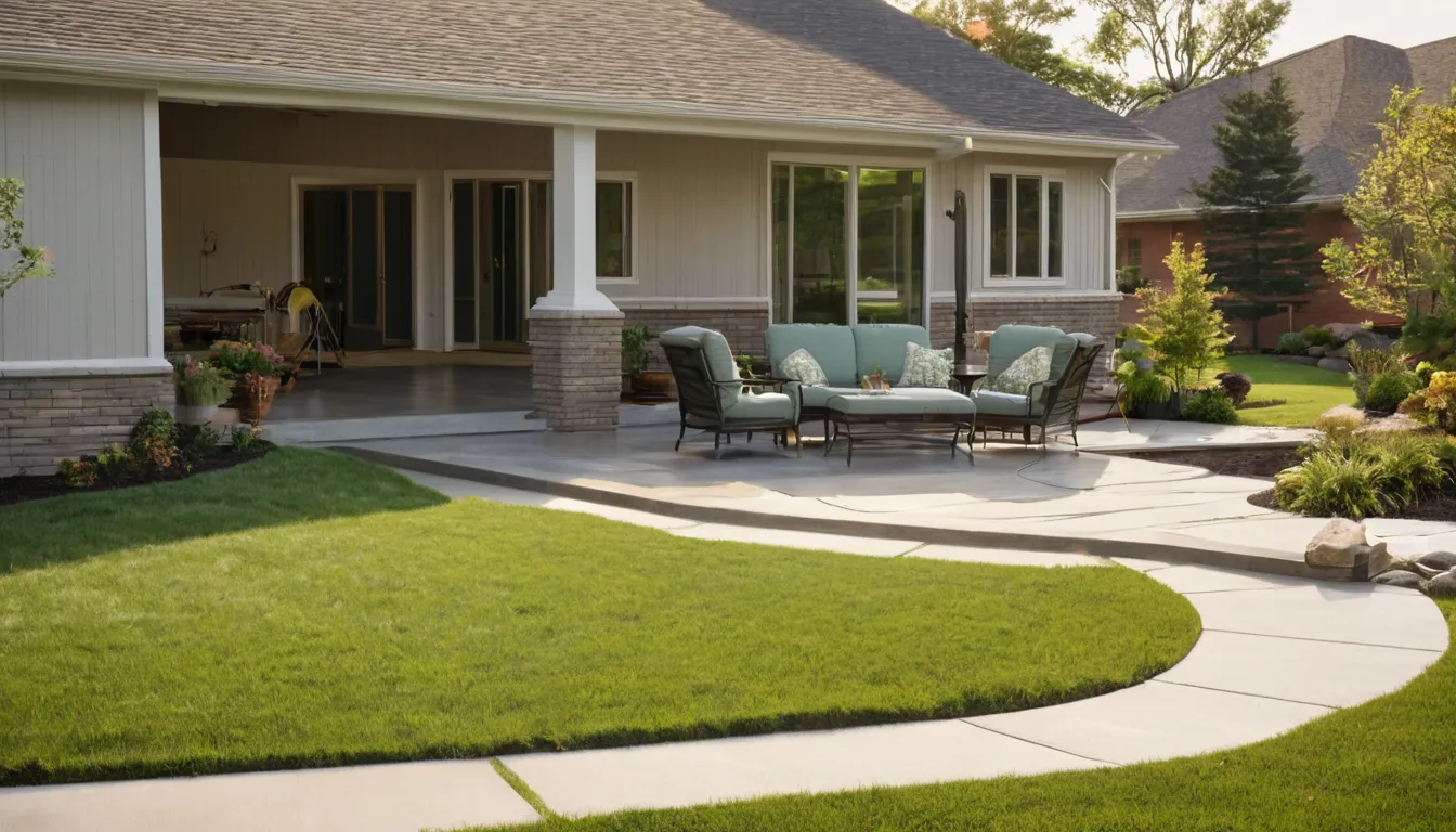 A new gray concrete patio behind a single-story brick home in Mesquite, with outdoor chairs and a table